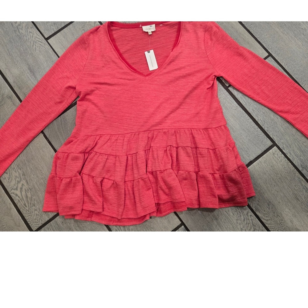 Anthropologie Deletta Raspberry Red Ruffle Tiered Peplum V-Neck Top NWT M